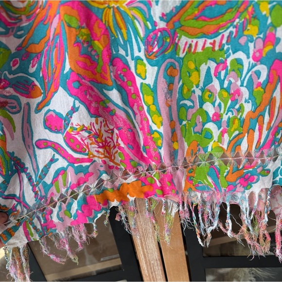 Lilly Pulitzer Avette coverup Kaftan tunic fringe scuba to cuba print colorful - Picture 4 of 7